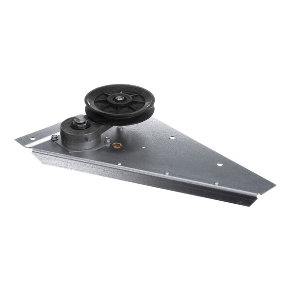 A metal bracket with a mounted black pulley wheel and several holes for attachment.