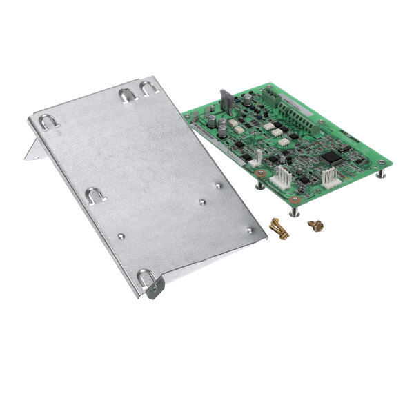 A green electronic circuit board with various components, a metal mounting plate, and a few screws are displayed on a white background.
