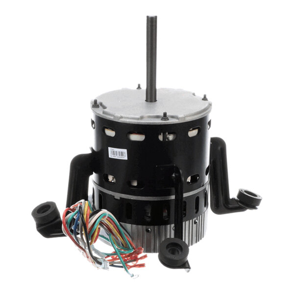 A cylindrical electric motor with a central shaft, multiple colored wires, and two black mounting brackets attached to its sides.