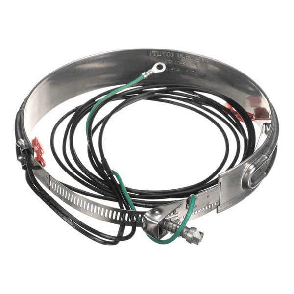 A metallic band heater with attached electrical wires and connectors, designed to fit around cylindrical objects.