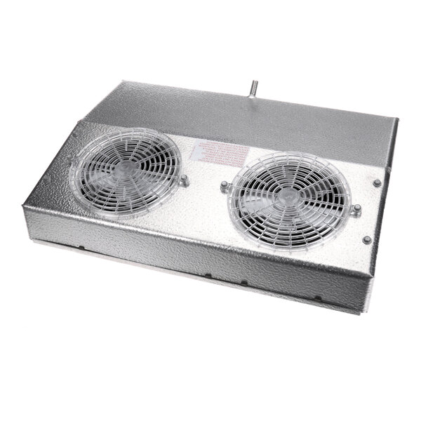 A metallic rectangular unit with two circular fan grilles on its surface.