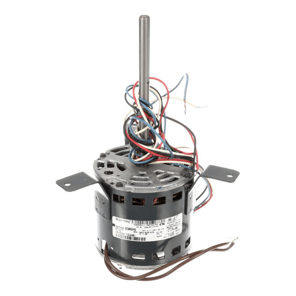 A cylindrical electric motor with a central shaft, multiple colored wires, and two mounting brackets on either side.