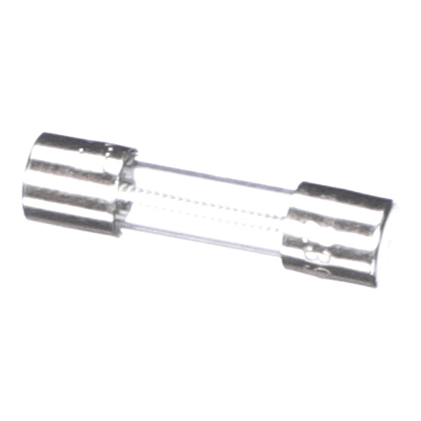 A small cylindrical glass fuse with metal caps on both ends.