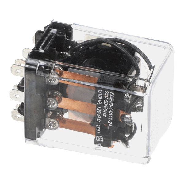 A clear plastic-encased electrical relay with visible copper contacts and multiple metal terminals on one side.