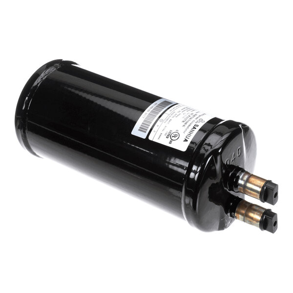 A black cylindrical metal component with two brass fittings and a label, likely used in HVAC or refrigeration systems.