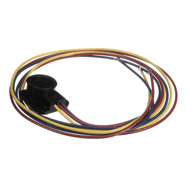 A coiled set of colored electrical wires attached to a black plastic connector with multiple holes.