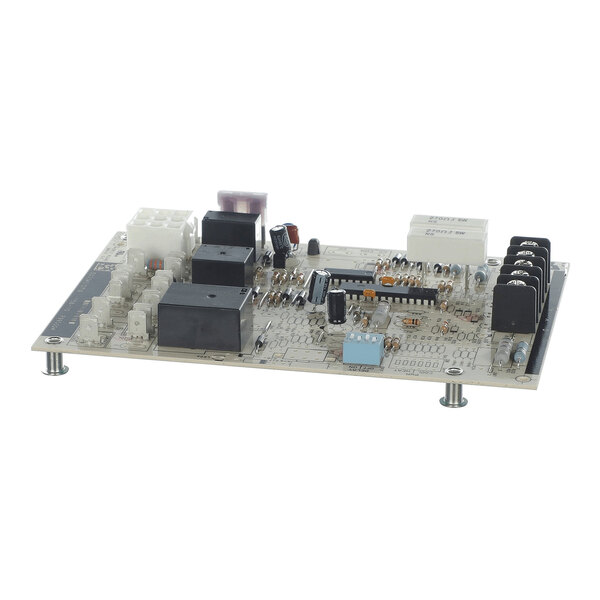 An electronic circuit board with various components such as relays, connectors, and integrated circuits mounted on it, supported by four metal standoffs.