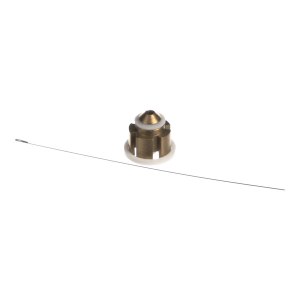 A small metallic component with a conical top and a long, thin wire placed beside it on a white background.