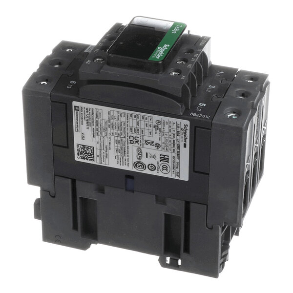 A black, box-shaped electrical component with multiple terminals and a labeled panel, featuring a green and black switch on top.