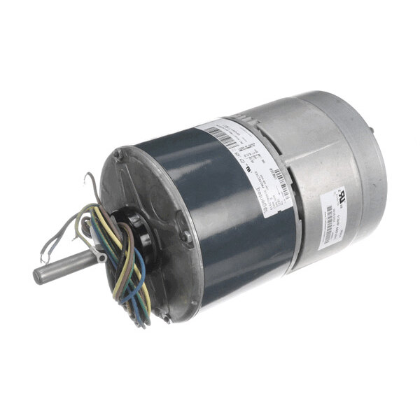 A cylindrical electric motor with a metal housing, exposed shaft, and several colored wires extending from one end.