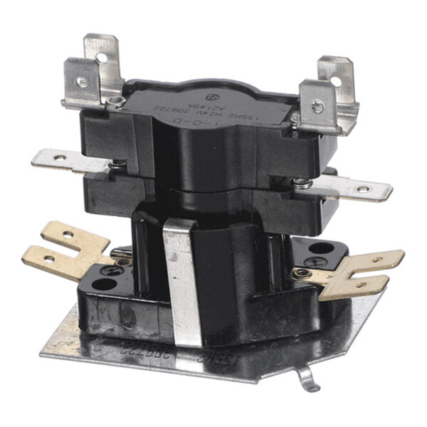 A black and metallic electrical component with multiple flat metal terminals and a mounting base.
