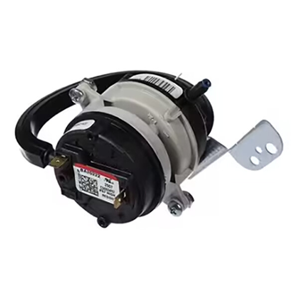 A round, dual pressure switch with attached wires, metal mounting bracket, and labeled terminals.