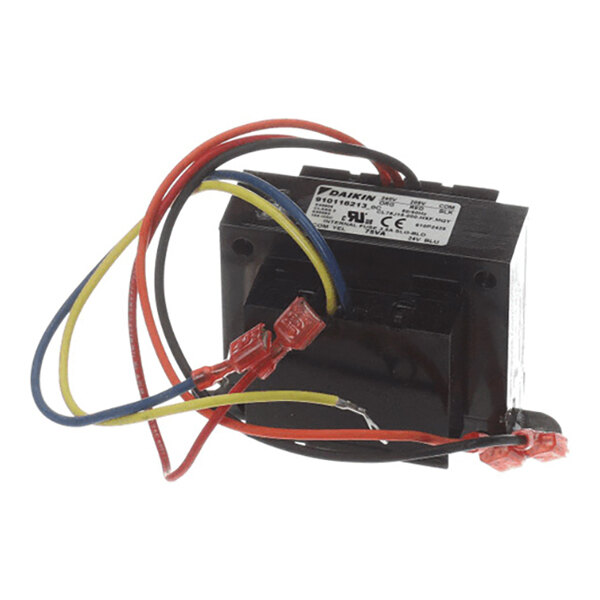 A black rectangular electrical transformer with attached red, yellow, and blue wires and a label on top.