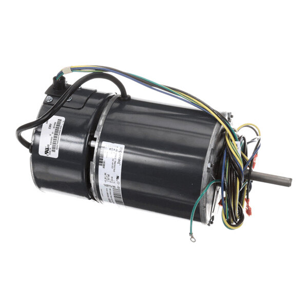 A cylindrical black electric motor with multiple colored wires extending from one end and a metal shaft protruding from the other.