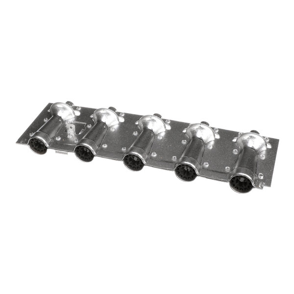A metal plate with five cylindrical burner tubes attached, each with a circular opening at the end.
