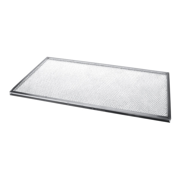 A rectangular metal mesh filter with a thin frame, shown lying flat on a white background.