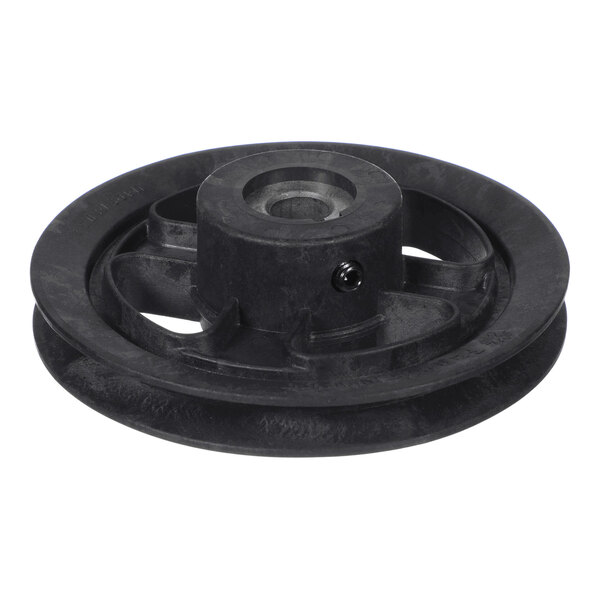 A black, circular, grooved pulley with a central hub and set screw, designed for mechanical use.