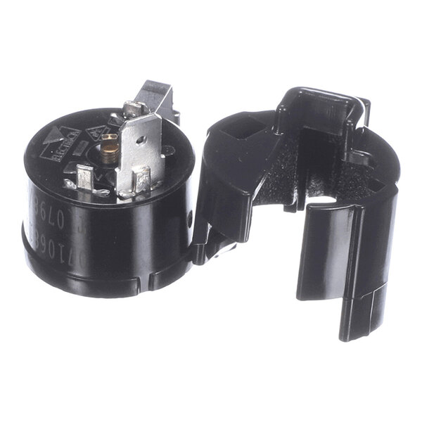 A small cylindrical black electrical component with metal terminals and a detachable plastic cover.