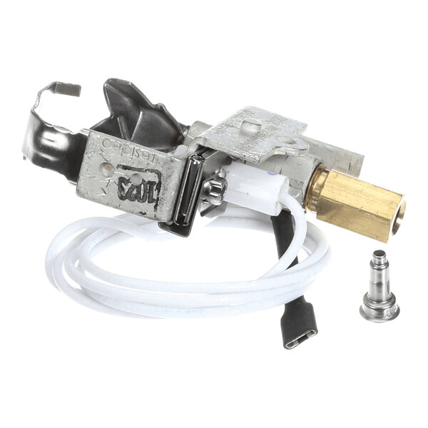 A metal burner pilot assembly with attached white ignition wire and a separate small metal fitting, shown on a white background.