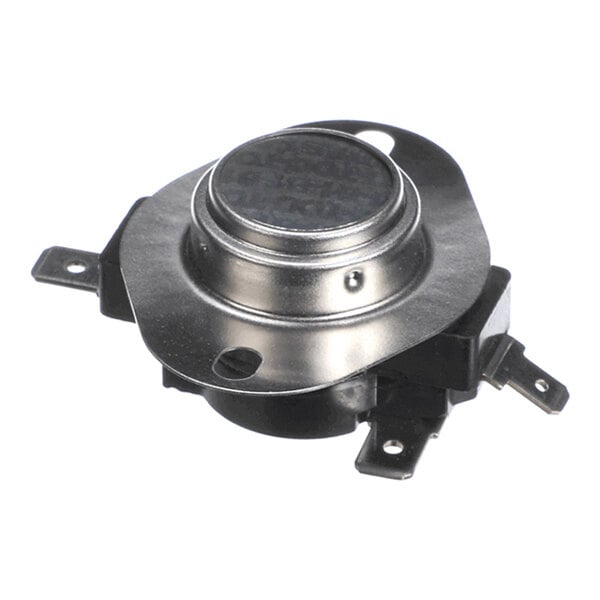 A small metallic and plastic electronic component with three flat terminals and a circular top, likely a type of limit switch or thermal control device.