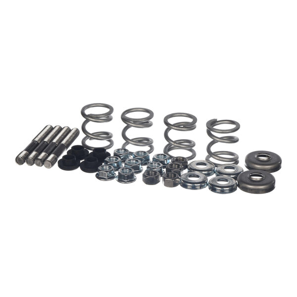 A set of metal springs, bolts, washers, nuts, and rubber bushings arranged in rows on a white background.
