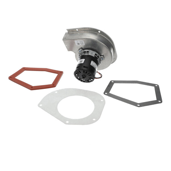A metal blower fan assembly with an attached motor, accompanied by three differently shaped gaskets.