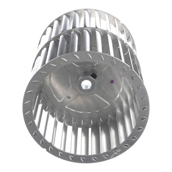 A metal cylindrical component with two parallel rows of evenly spaced blades, resembling a double blower wheel or fan wheel.