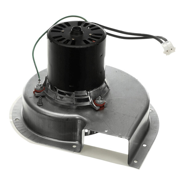 A metal and plastic blower assembly with attached wiring and a connector, featuring a circular motor mounted on a flat, curved metal base.