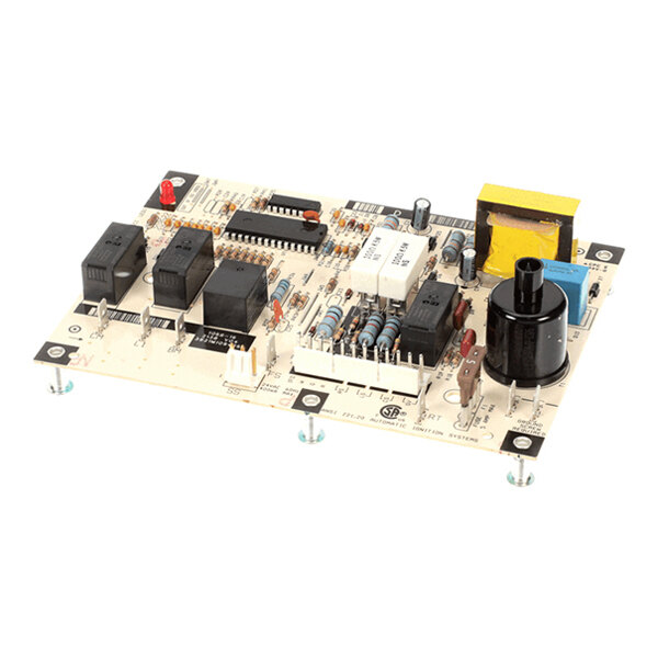 An electronic circuit board with various components including relays, capacitors, resistors, and connectors mounted on it.