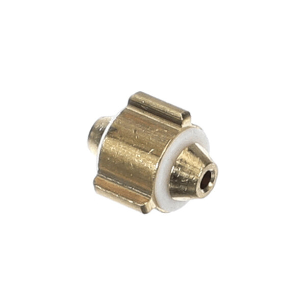 A small, cylindrical brass component with a white ring and a central hole, likely a mechanical or plumbing part.