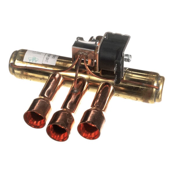 A metallic valve assembly with three copper tube connections and an attached black coil component.