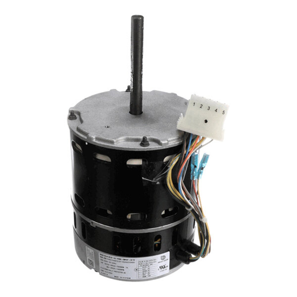 A cylindrical electric motor with a central shaft, multiple colored wires, and a white connector labeled with numbers 1 to 5.