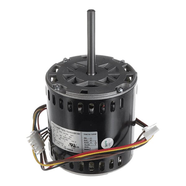 A cylindrical electric motor with a central shaft, multiple colored wires, and attached connectors.