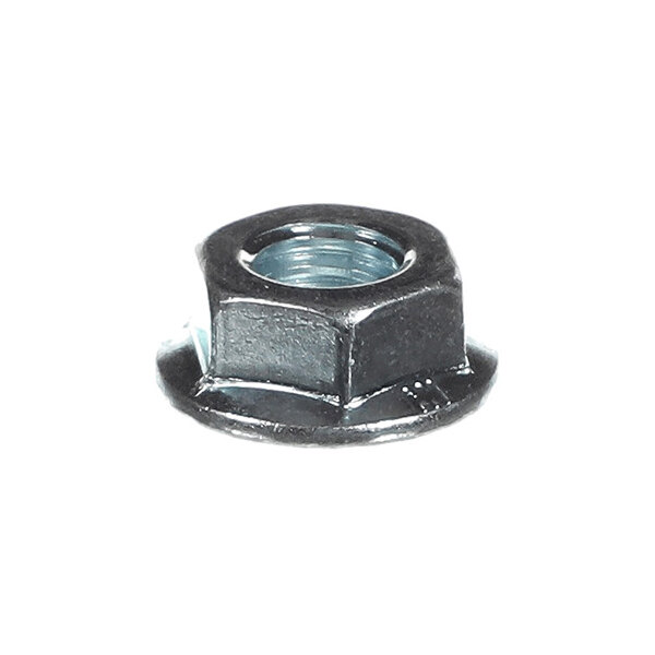 A metallic hexagonal nut with a built-in washer-like flange at the base, featuring internal threading.