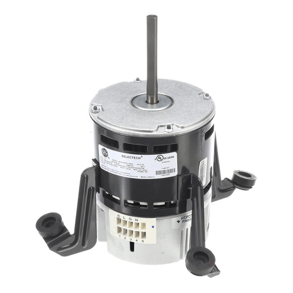 A cylindrical electric motor with a central shaft, mounting brackets, and a visible connector panel at the base.