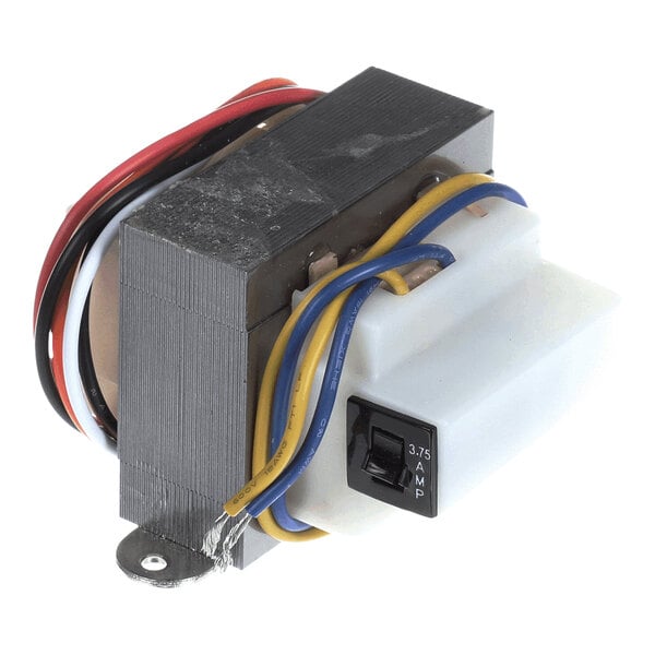 A metal and plastic electrical transformer with multiple colored wires and a switch labeled '3.75 AMP' visible on the white plastic housing.