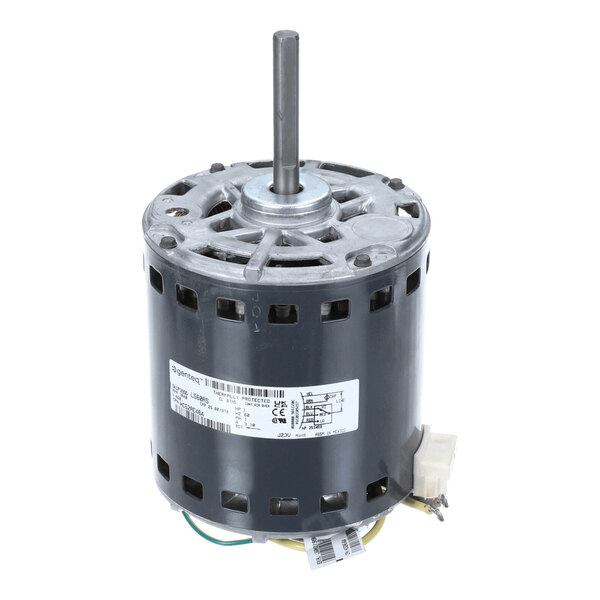 A cylindrical electric motor with a central shaft, ventilation openings, and attached wiring, featuring a label with technical specifications.