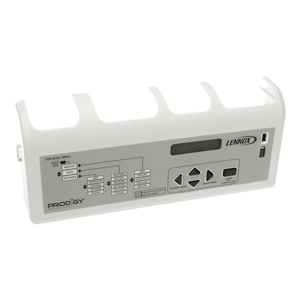 A white plastic control panel with labeled buttons, a small display screen, and diagrammatic instructions, branded with the Lennox and Prodigy logos.