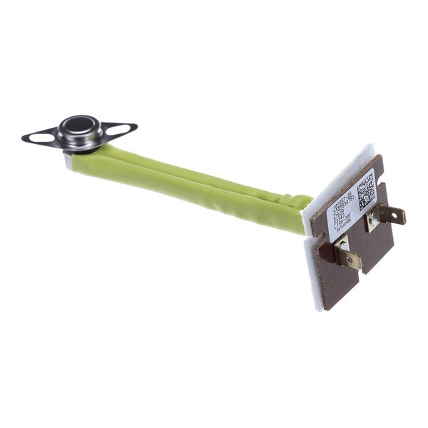 A metal and plastic electronic component with a green insulated wire, two mounting tabs on one end, and two electrical terminals on the other end.