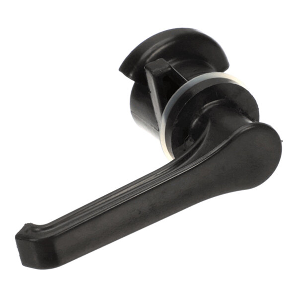 A black, L-shaped door handle with a rounded base and a visible mounting section.