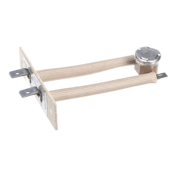 A metal and fabric-covered electrical component with two prongs, a mounting plate, and a round metallic part at one end.