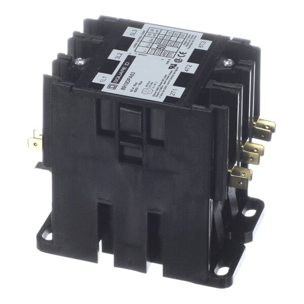 A black, box-shaped electrical contactor with multiple metal terminals and a label on top displaying technical specifications.