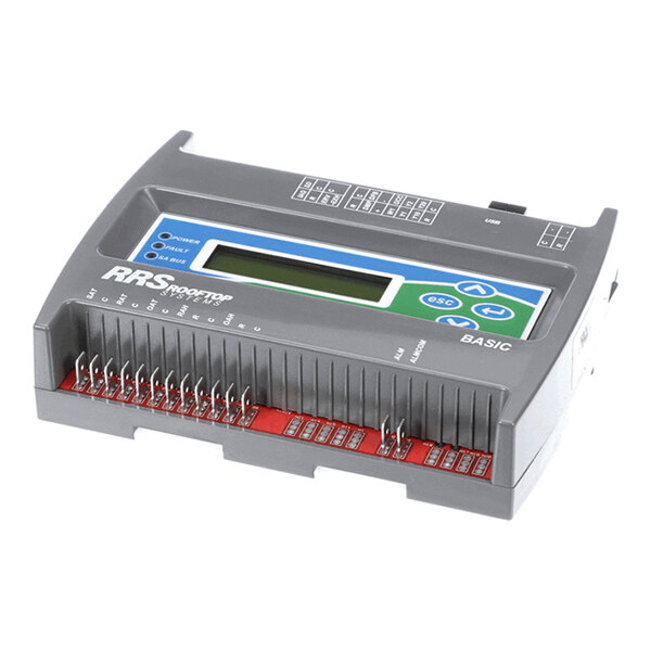 A rectangular electronic controller with a digital display, several buttons, indicator lights, and multiple pin connectors along the front edge.