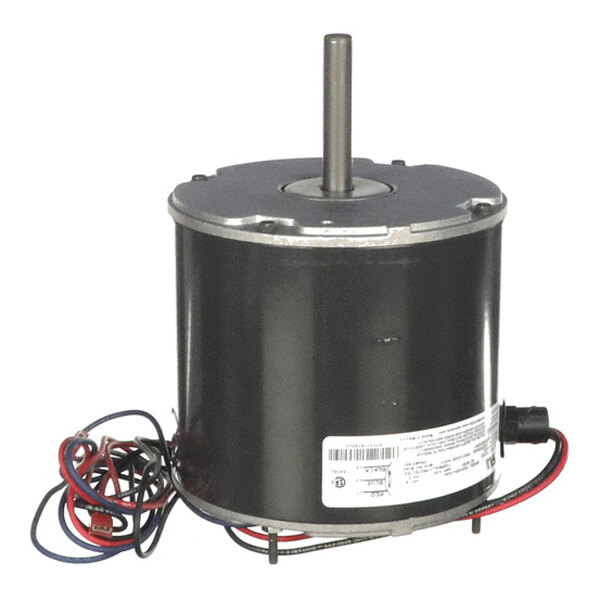 A cylindrical electric motor with a central shaft, attached wires, and a label on the side.