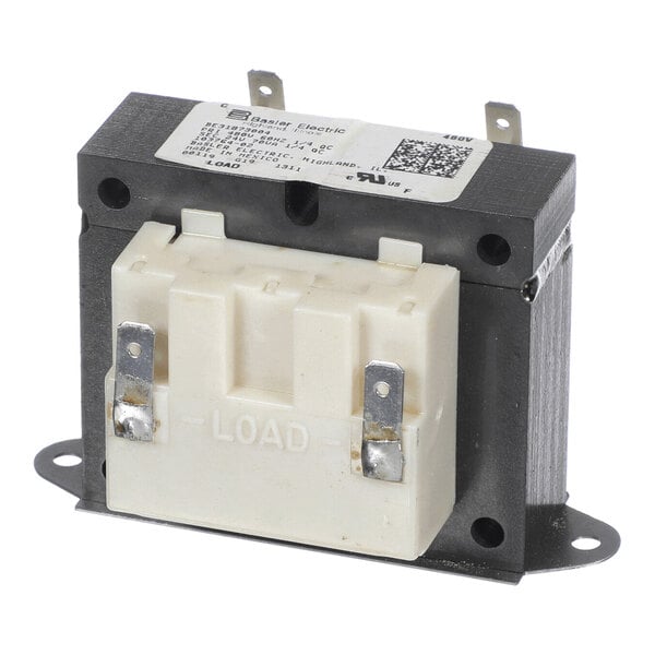 A rectangular electrical transformer with a black metal body, white plastic terminal block labeled 'LOAD,' and several metal connection terminals.