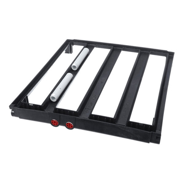 A rectangular black plastic frame with four wide slots and two white cylindrical pipes running parallel inside, featuring two red circular connectors on one side.