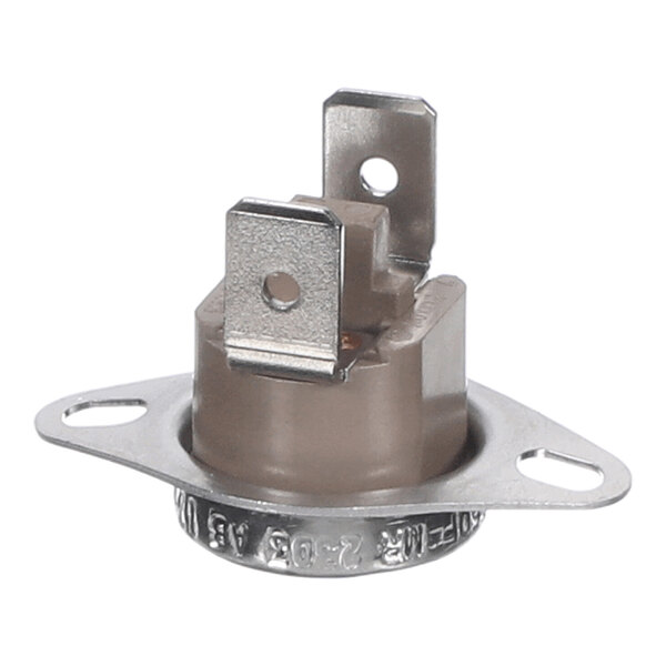 A small metal and plastic electrical switch with two flat terminals and a mounting flange with two holes.