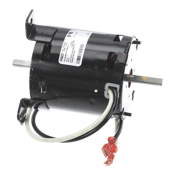 A cylindrical black electric motor with attached mounting brackets, a label, two protruding shafts, and connected wires.