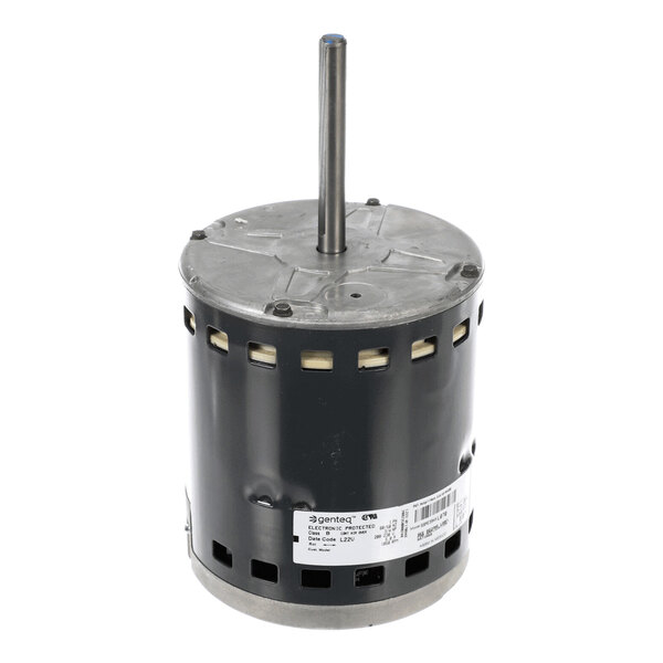 A cylindrical electric motor with a vertical shaft and a label on the side.