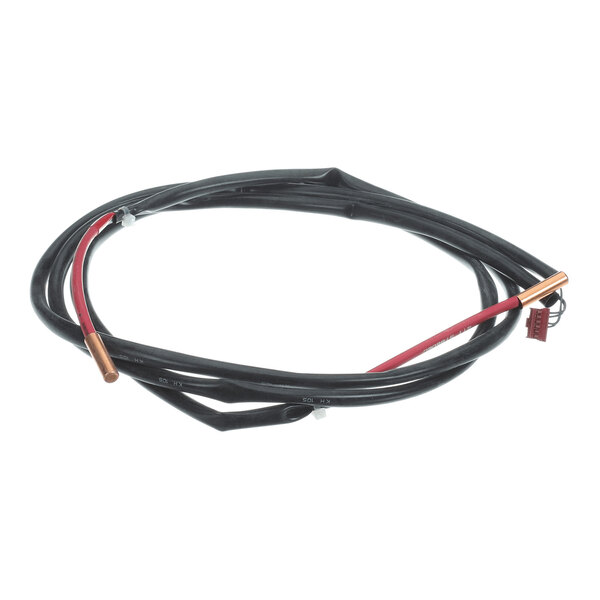 A coiled black cable with a copper sensor at one end and a red wire with a connector at the other end.